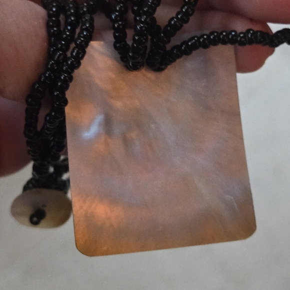 Abalone & Black Seed Bead Choker Necklace Square Pendant Statement - Picture 6 of 8